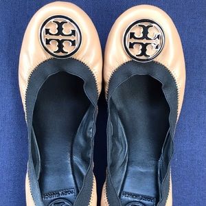 Tory Burch tan ballet flats w/ gold & black logo